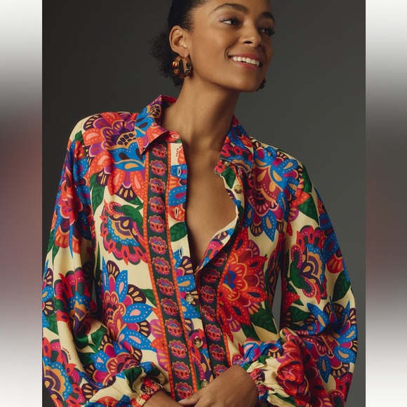 NWT FARM Rio Floral Long-Sleeve Midid/Maxi Buttondown dress - Picture 2 of 7